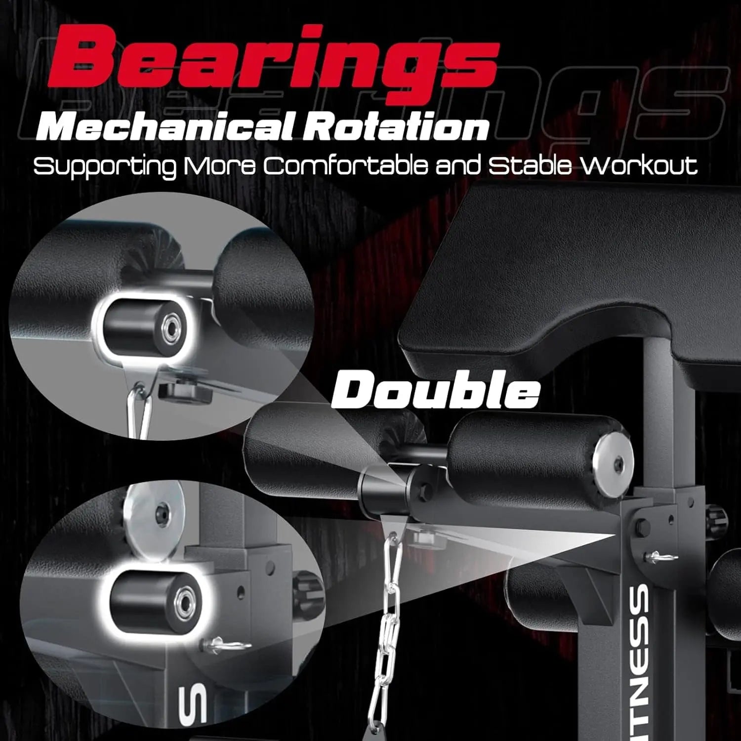 Fitness equipment with 'Bearings' text and 'Double' feature on a dark background