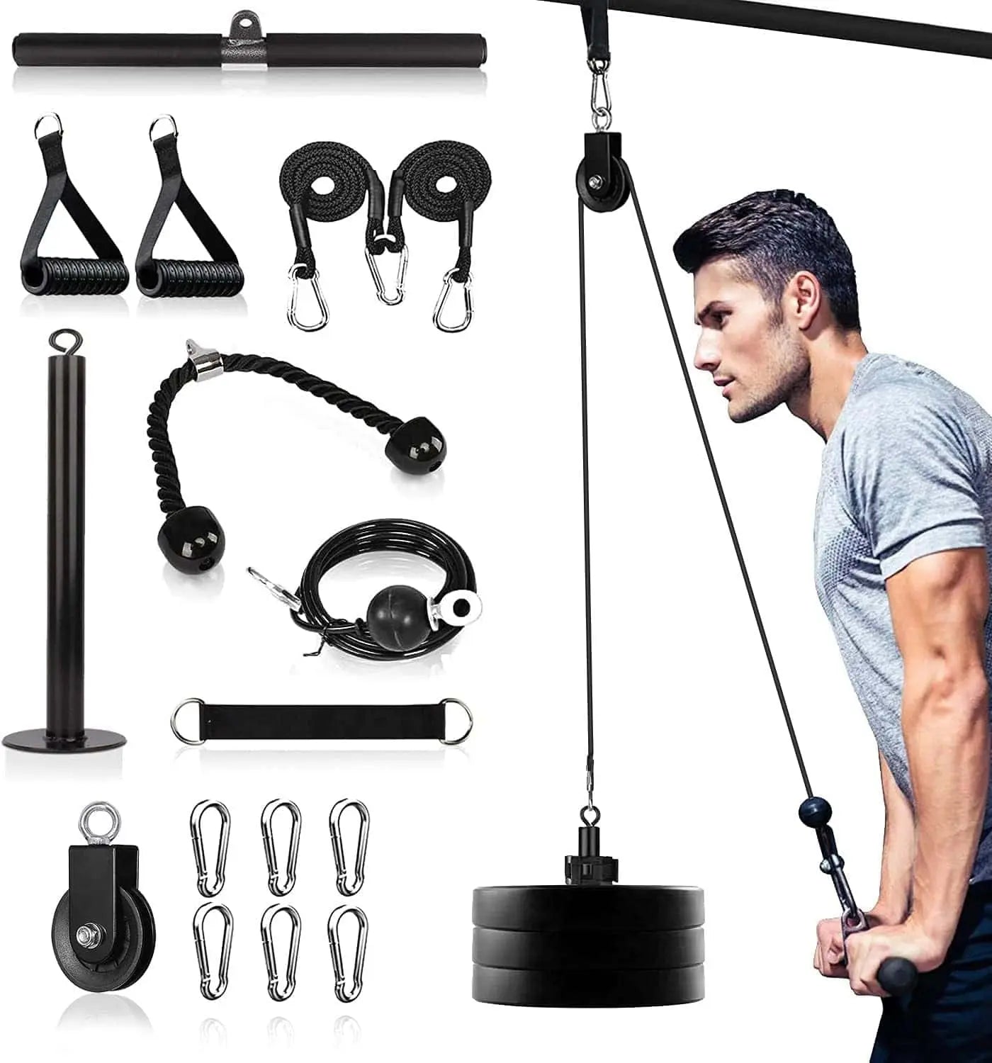 3-in-1 Pulley Cable System – LAT Pulldown, Tricep Rope & Cable Handle for Home Gym Naoeleii