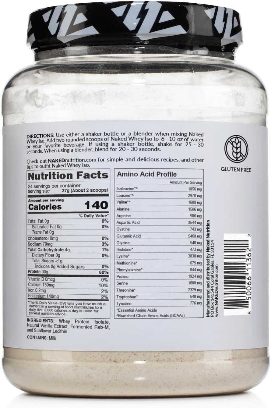 Back label of a protein powder container with nutrition facts and ingredients listed.