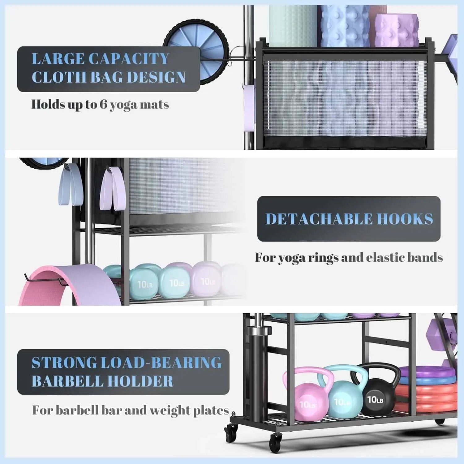 Multifunctional storage rack with large capacity cloth bag design, detachable hooks, and strong load-bearing barbell holder.