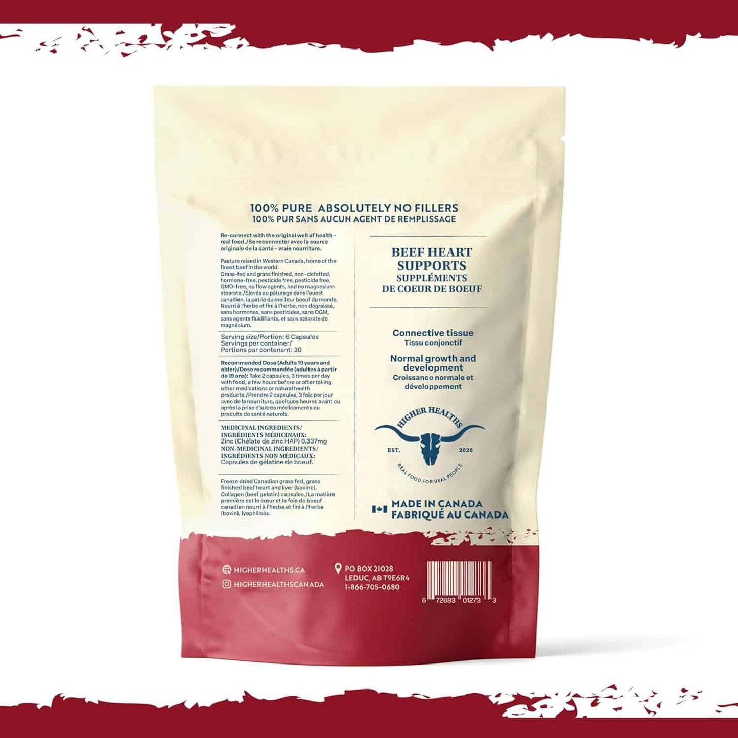 Back of a supplement package with text and branding on a white background