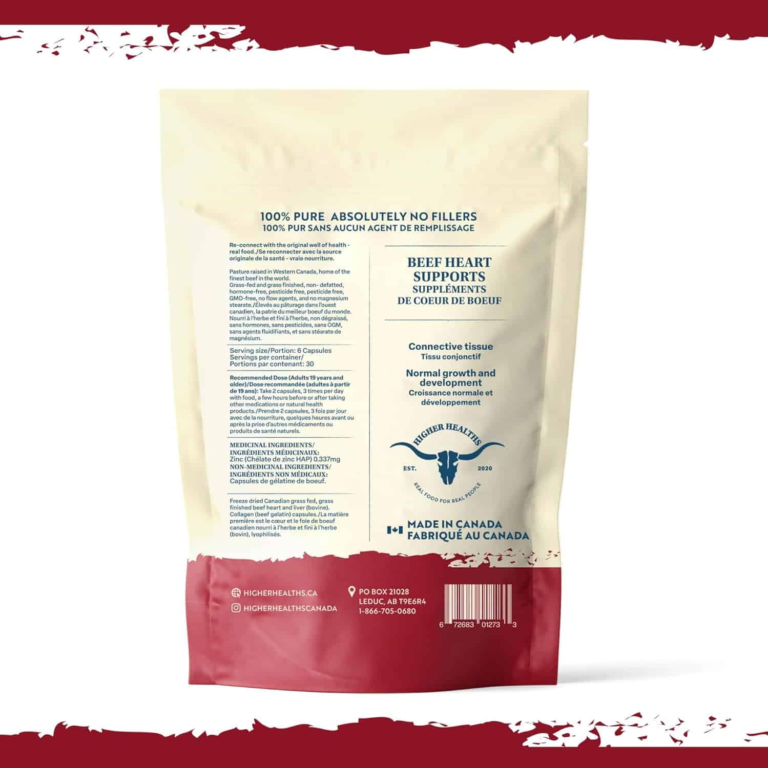 Back of a supplement package with text and branding on a white background