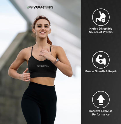 Woman in athletic wear with Revolution Nutrition branding, featuring text about protein benefits.