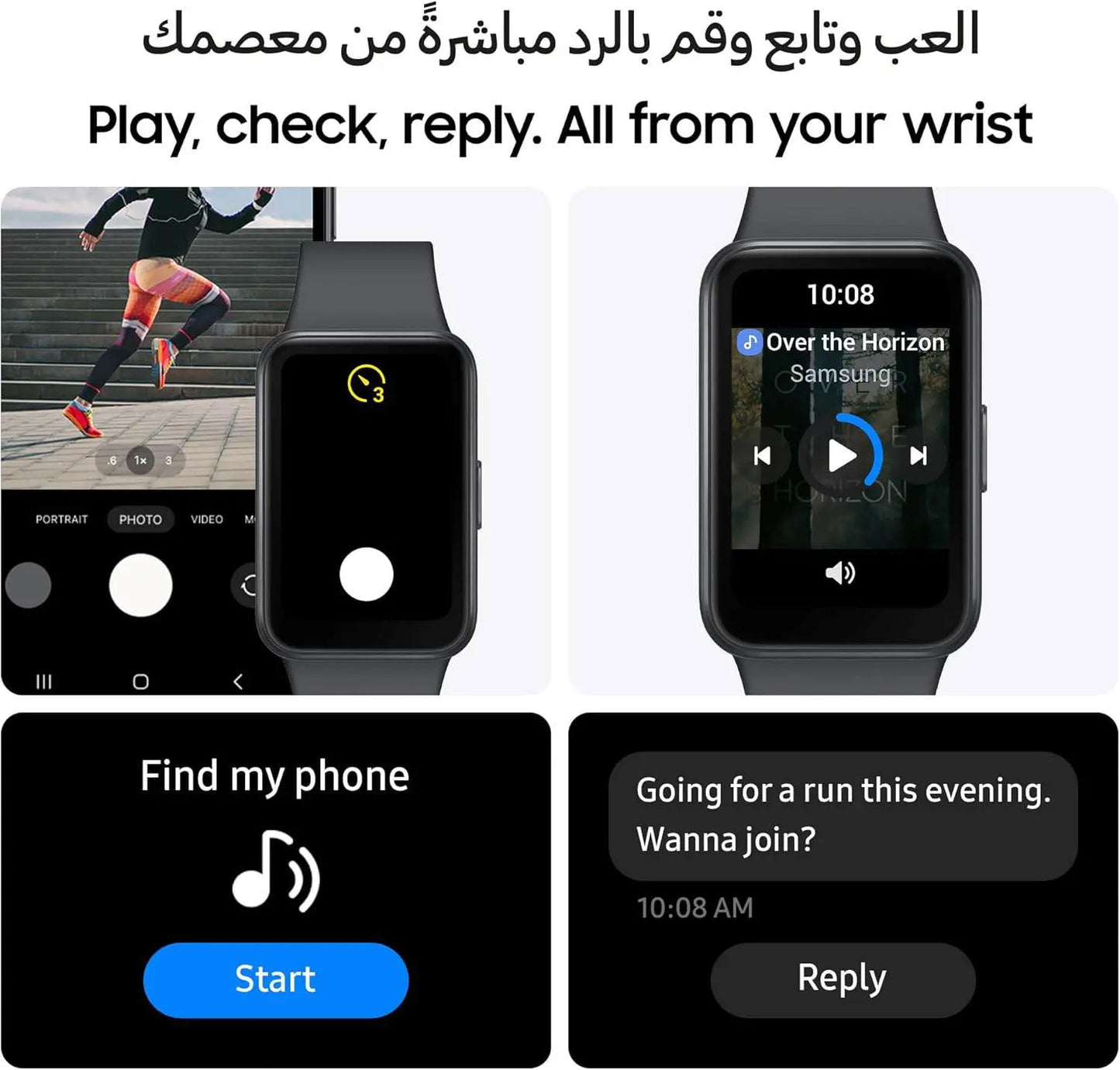 Smartwatch displaying various functions like music control, fitness tracking, and communication on a white background.