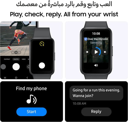 Smartwatch displaying various functions like music control, fitness tracking, and communication on a white background.