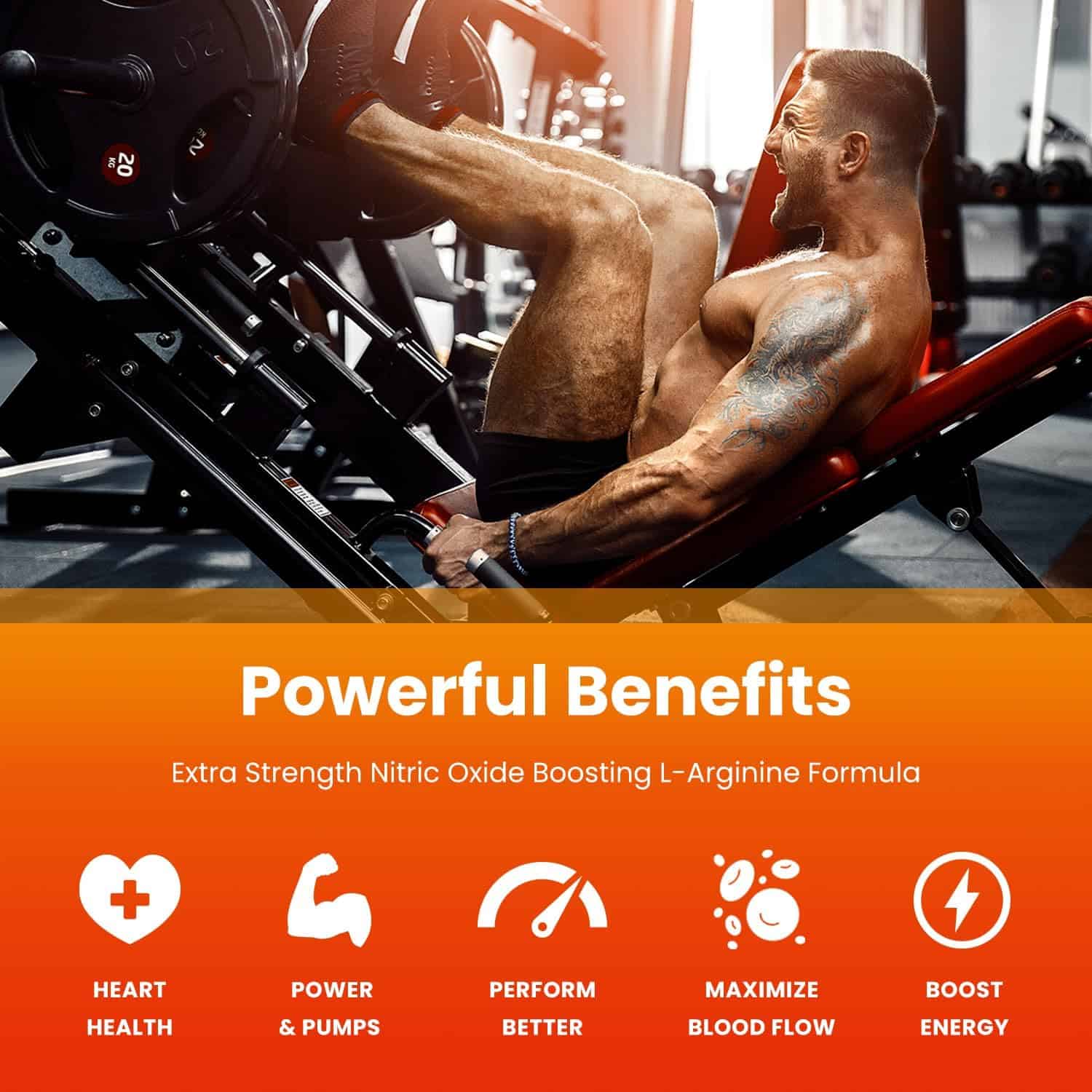 Man working out on a leg press machine with promotional text about a nitric oxide boosting supplement.