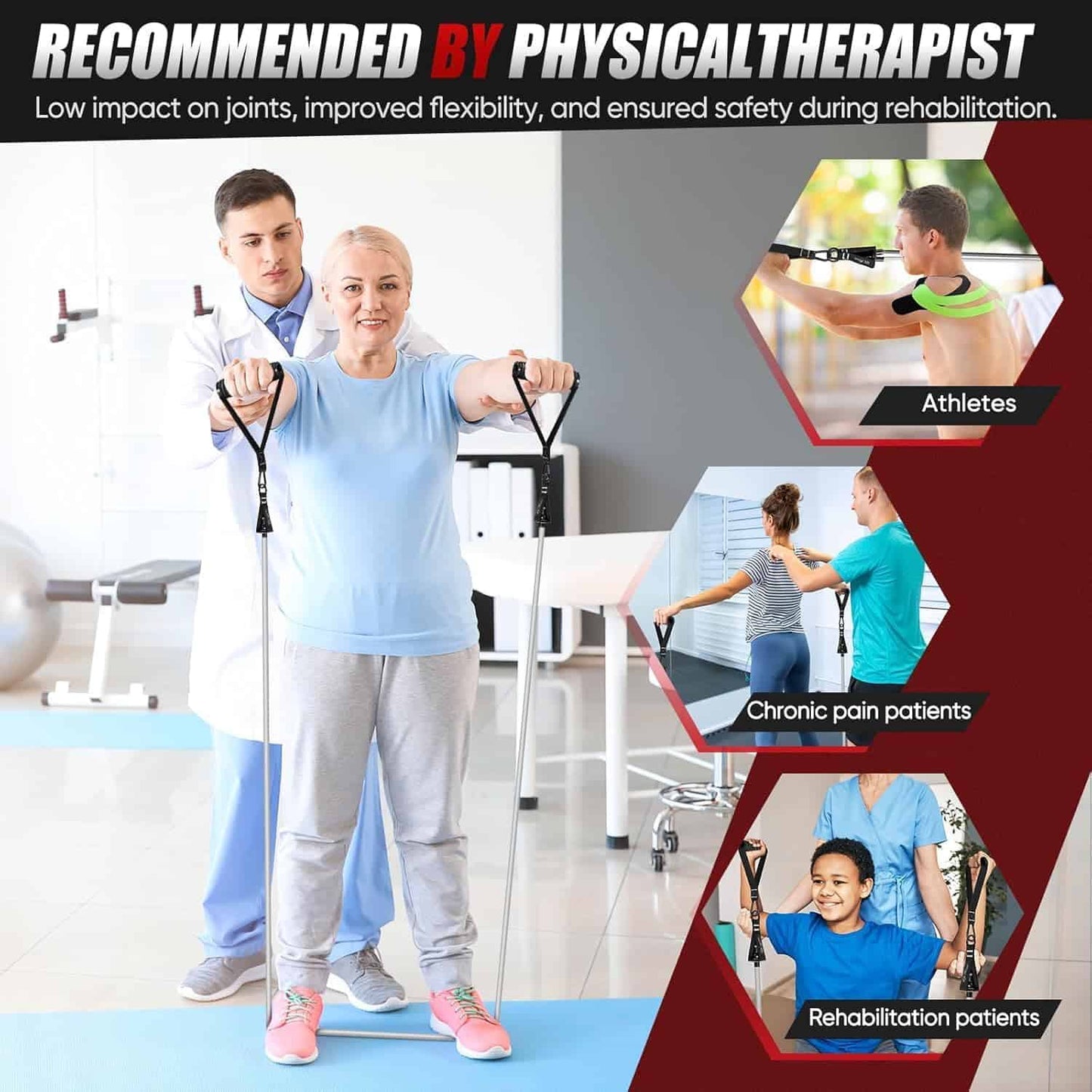 Person using resistance bands with a physical therapist, surrounded by text about recommended use by physical therapists.