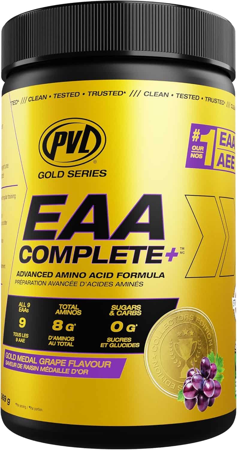 PVL Gold Series EAA Complete+ supplement container with grape flavor on a black background