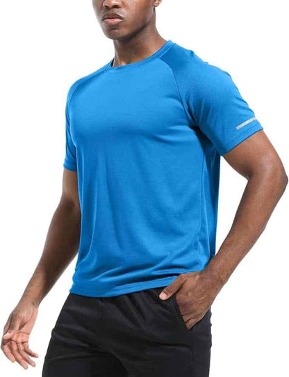 Person wearing a blue athletic shirt on a white background