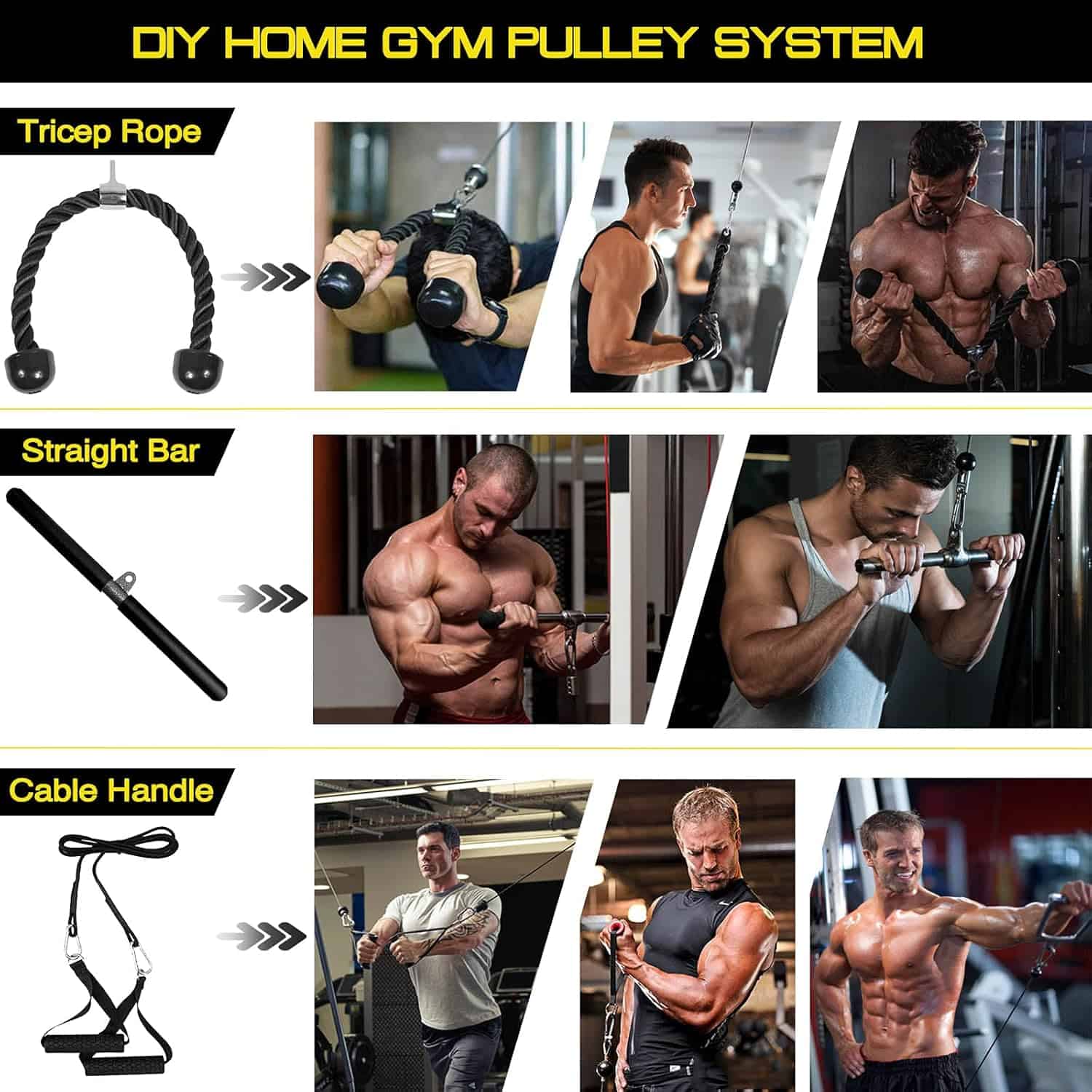 Collage of a DIY home gym pulley system with images of people using the equipment.
