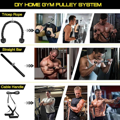 Collage of a DIY home gym pulley system with images of people using the equipment.