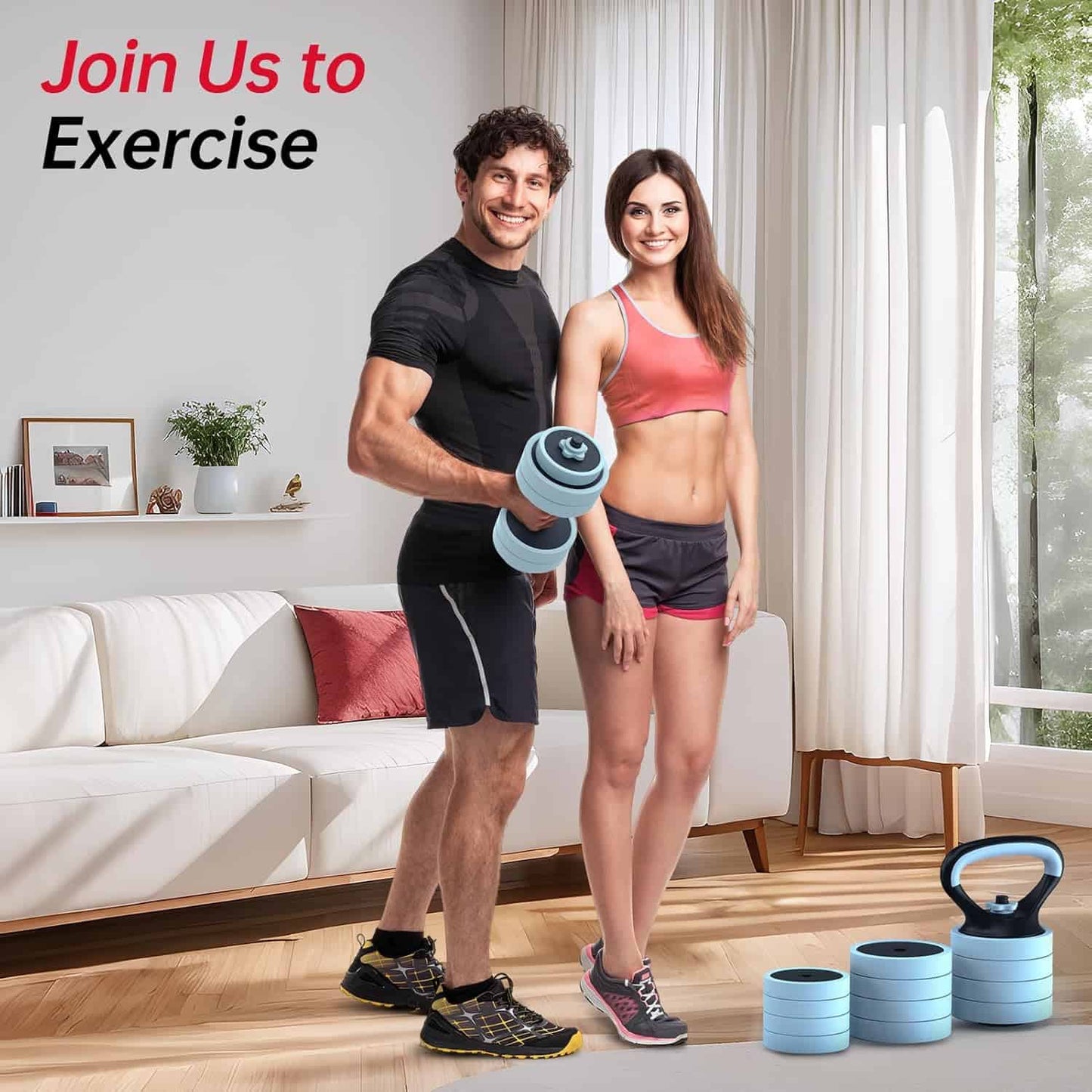 Man and woman exercising with dumbbells in a living room setting