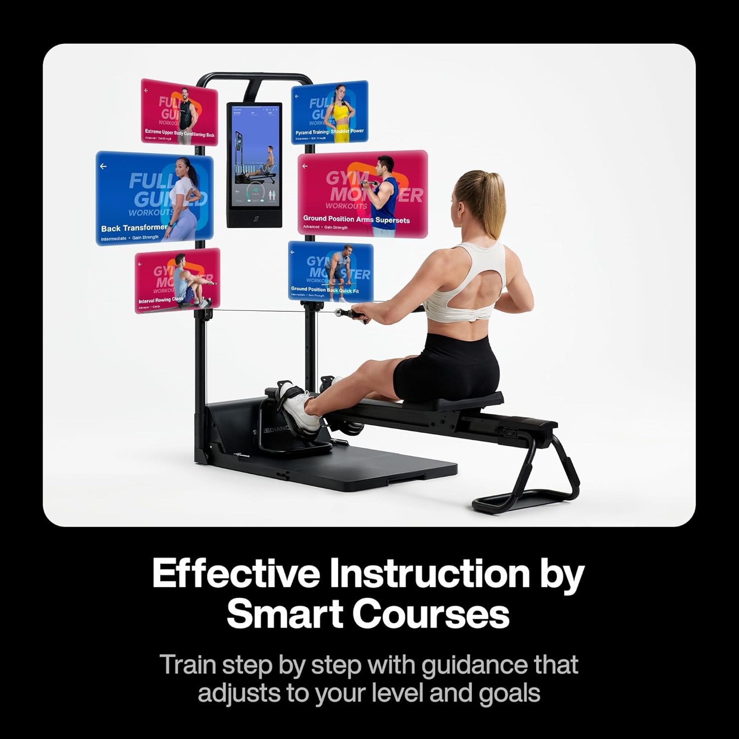 Woman using a rowing machine with screens displaying workout videos on a white background.