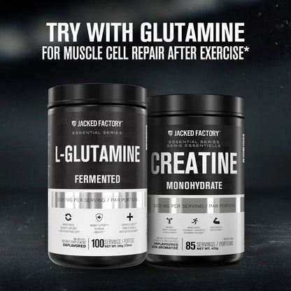 Two supplement containers labeled 'L-Glutamine' and 'Creatine Monohydrate' by Jacked Factory on a dark background.