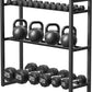 Black metal weight storage rack with kettlebells and dumbbells on a white background