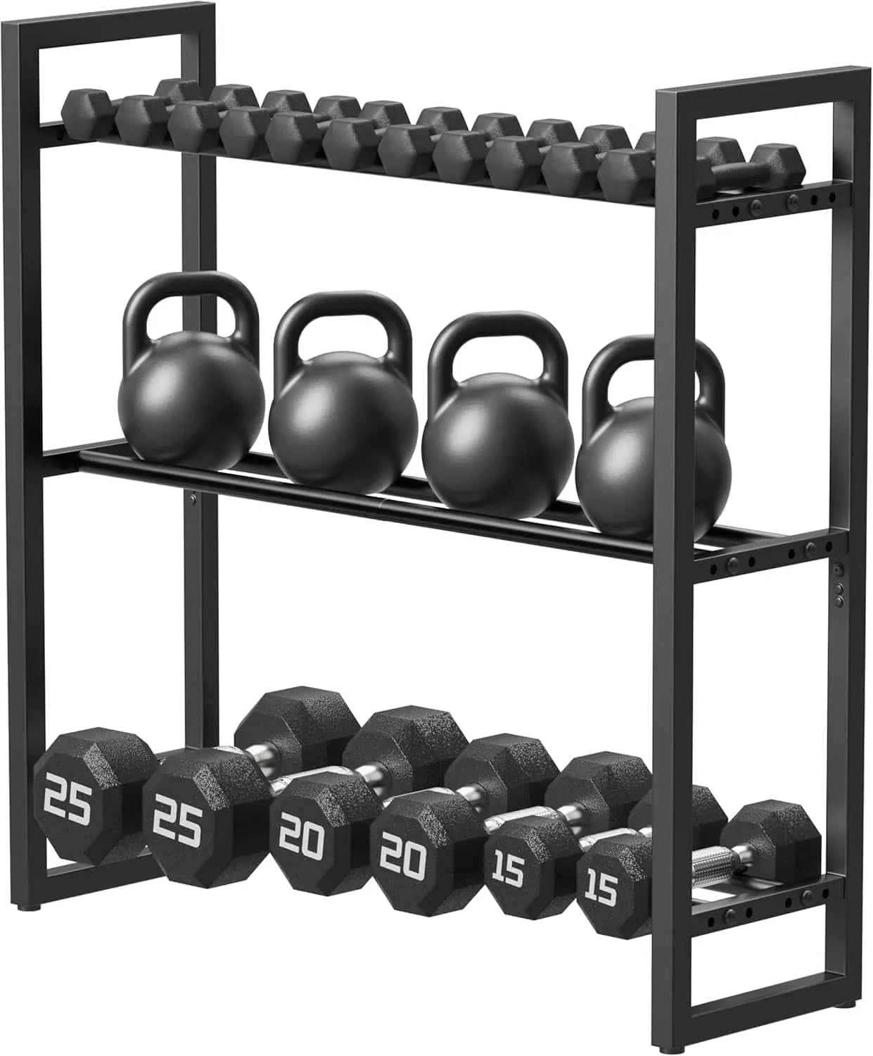 Black metal weight storage rack with kettlebells and dumbbells on a white background