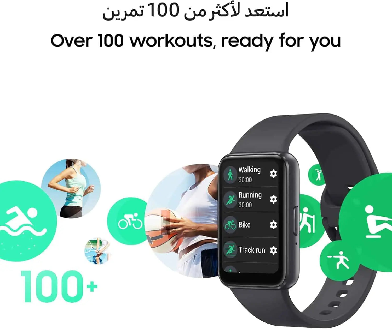 Smartwatch with fitness app interface on a white background