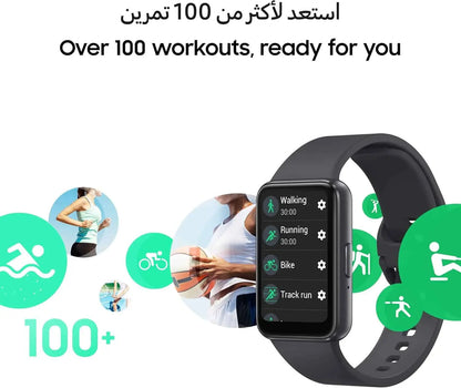 Smartwatch with fitness app interface on a white background