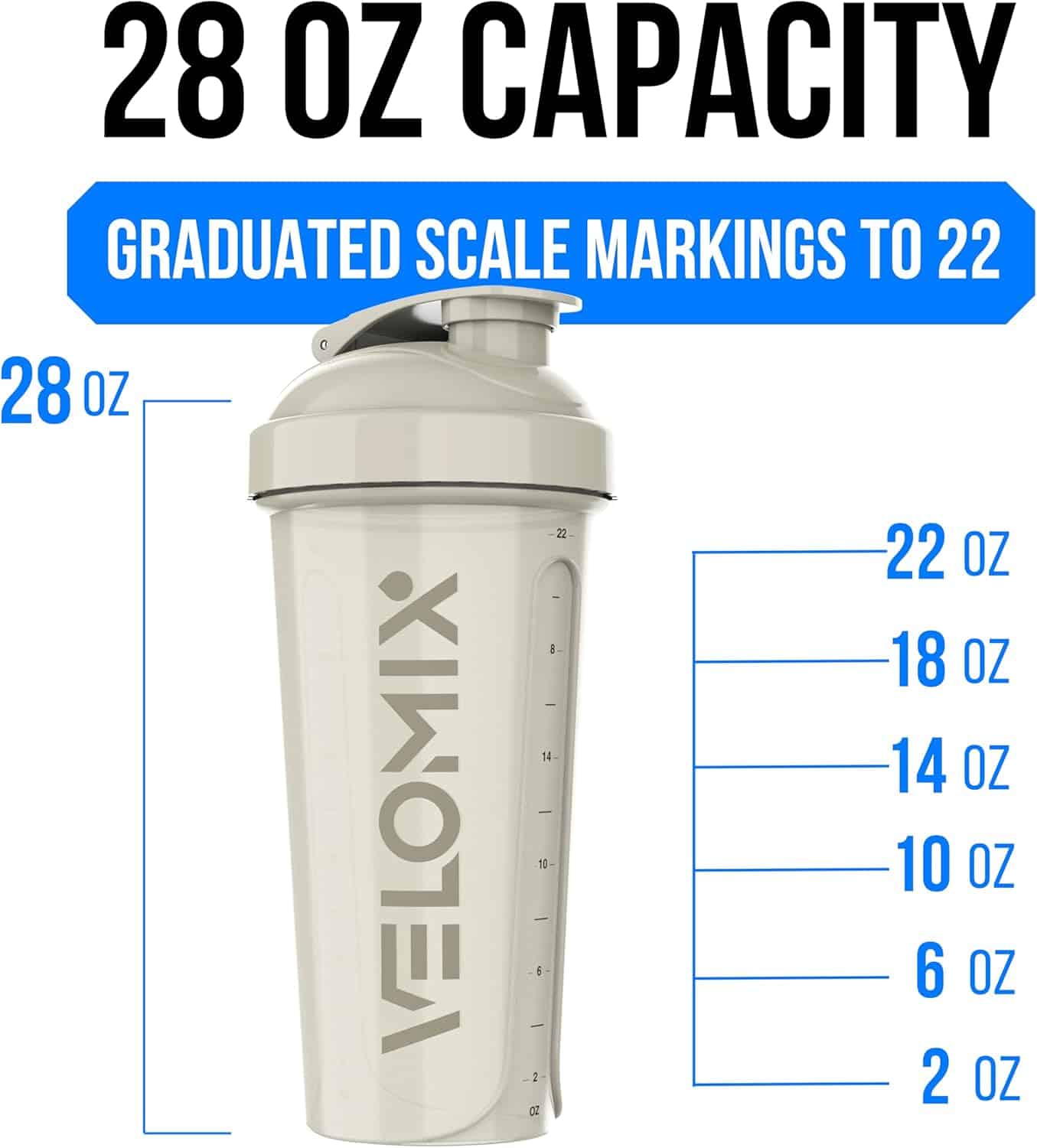 Shaker bottle with measurement markings and Velomix branding on a white background