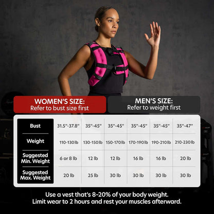 Person wearing a pink and black weighted vest with size chart on a dark background