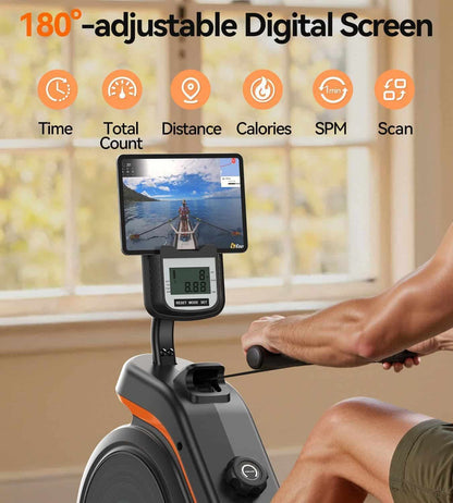 Digital screen on a rowing machine with various metrics displayed, set against a blurred indoor background.