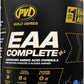 Black container of PVD Gold Series EAA Complete+ supplement with blue liquid splash design.
