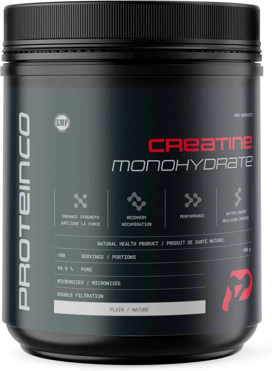 Black container of Proteinco Creatine Monohydrate on a white background