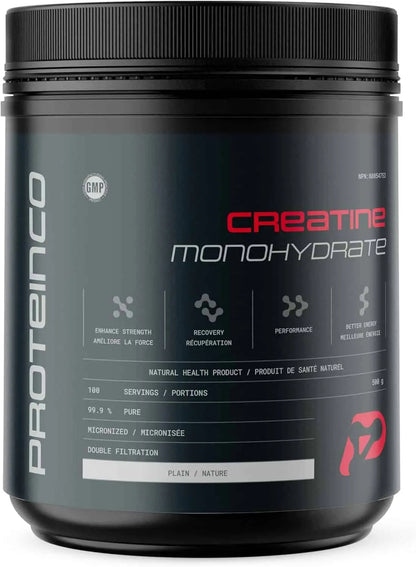 Black container of Proteinco Creatine Monohydrate on a white background