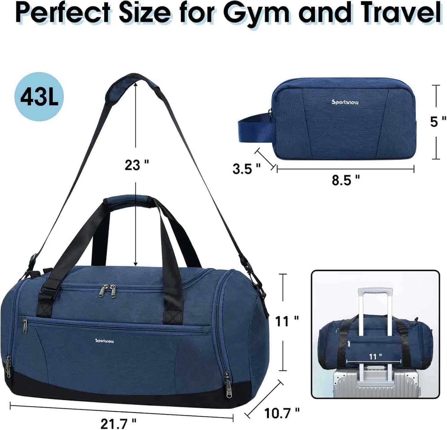 Blue duffel bag with measurements and travel accessories on a white background