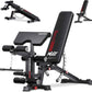 Black weight bench with adjustable components on a white background