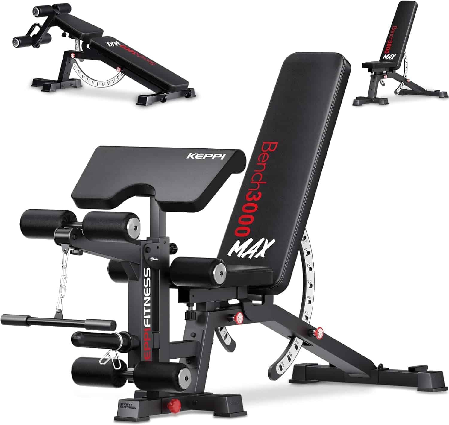 Black weight bench with adjustable components on a white background