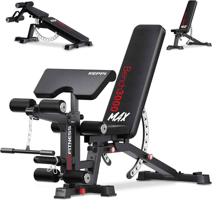 Black weight bench with adjustable components on a white background