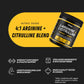 Supplement container with text on a black and yellow background