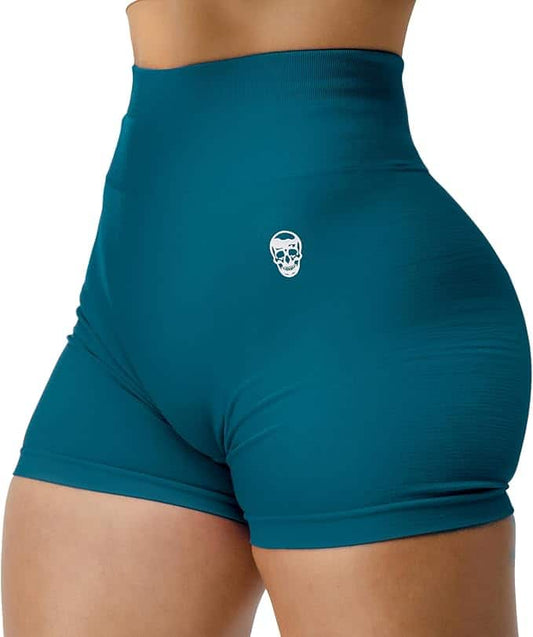 Teal athletic shorts with a small logo on a white background