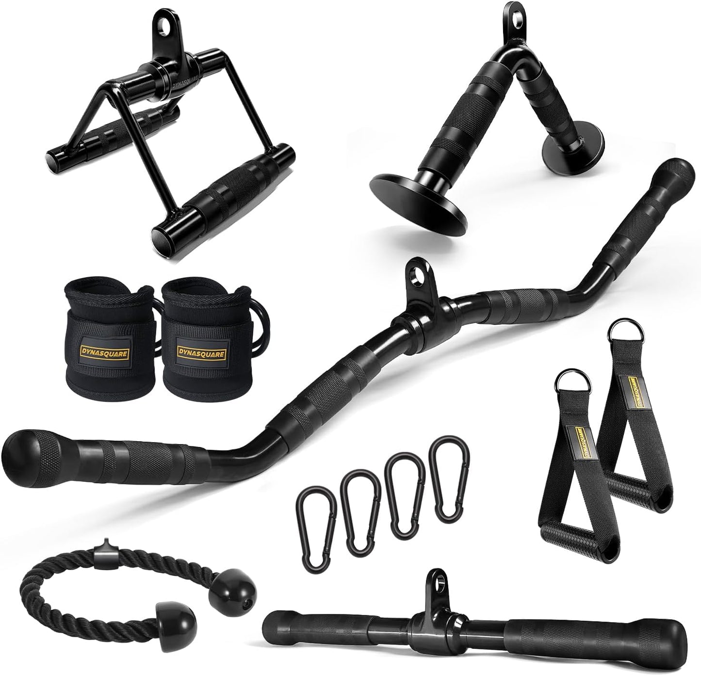 Collection of black exercise equipment including handles, straps, and resistance bands on a white background.