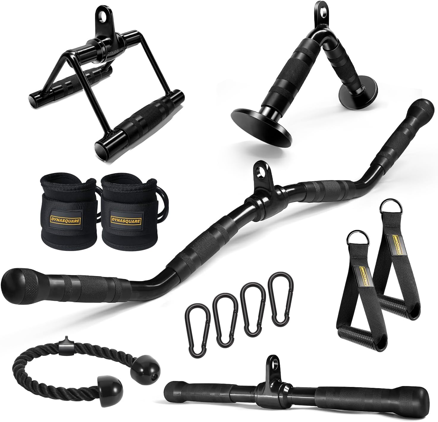 Collection of black exercise equipment including handles, straps, and resistance bands on a white background.