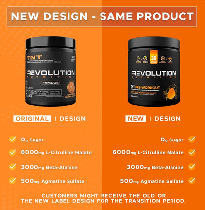 Comparison of Revolution Nutrition product labels with original and new designs on an orange background.
