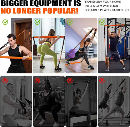 Portable Pilates barbell kit advertisement with people using the equipment in various settings.