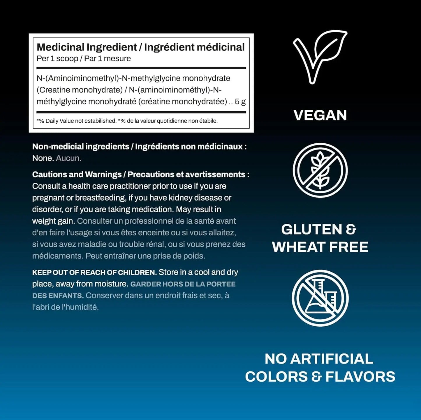 Product label with medicinal ingredient information, vegan, gluten & wheat free, no artificial colors & flavors icons on a blue background.