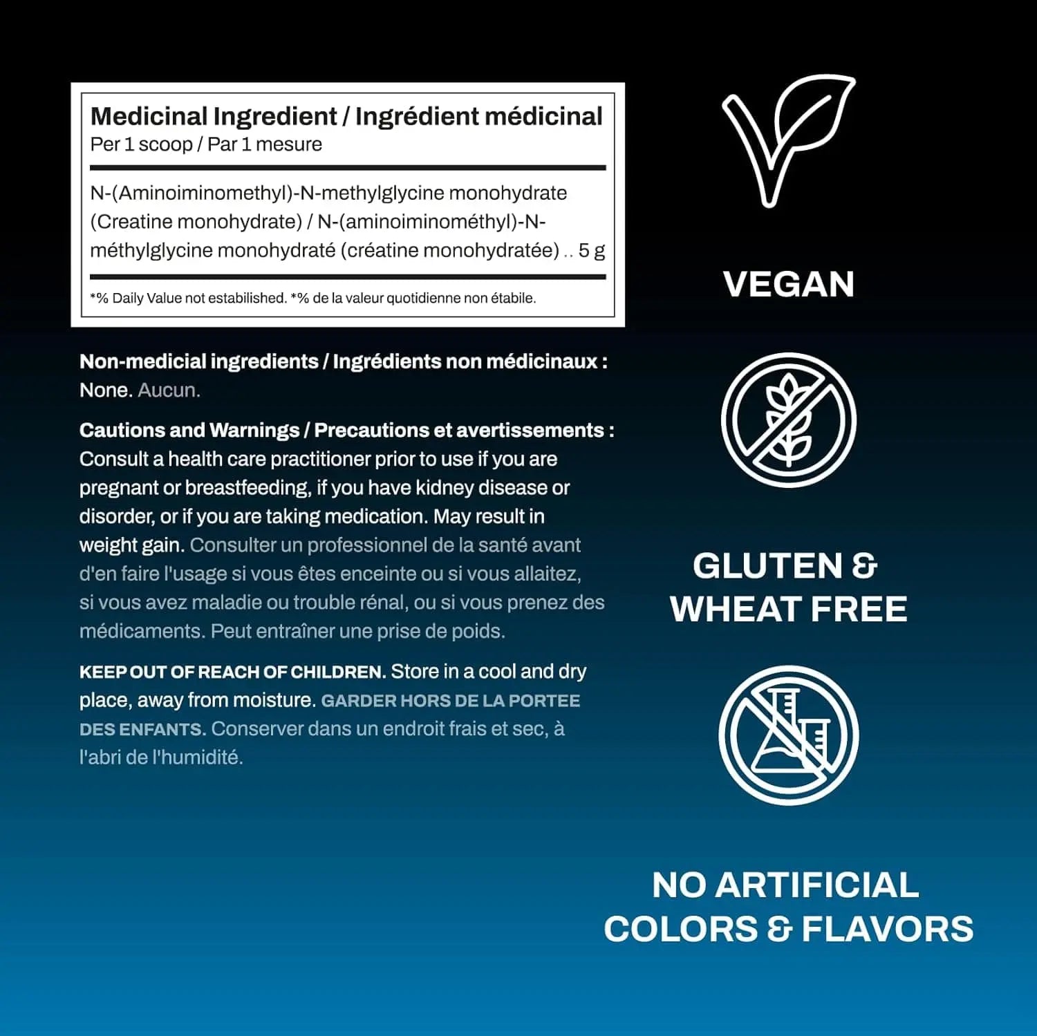 Product label with medicinal ingredient information, vegan, gluten & wheat free, no artificial colors & flavors icons on a blue background.