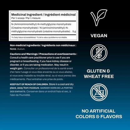 Product label with medicinal ingredient information, vegan, gluten & wheat free, no artificial colors & flavors icons on a blue background.