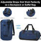 Blue duffel bag with adjustable straps shown as backpack straps and carry handles.