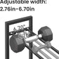 Dumbbells on a rack with adjustable width measurement displayed.