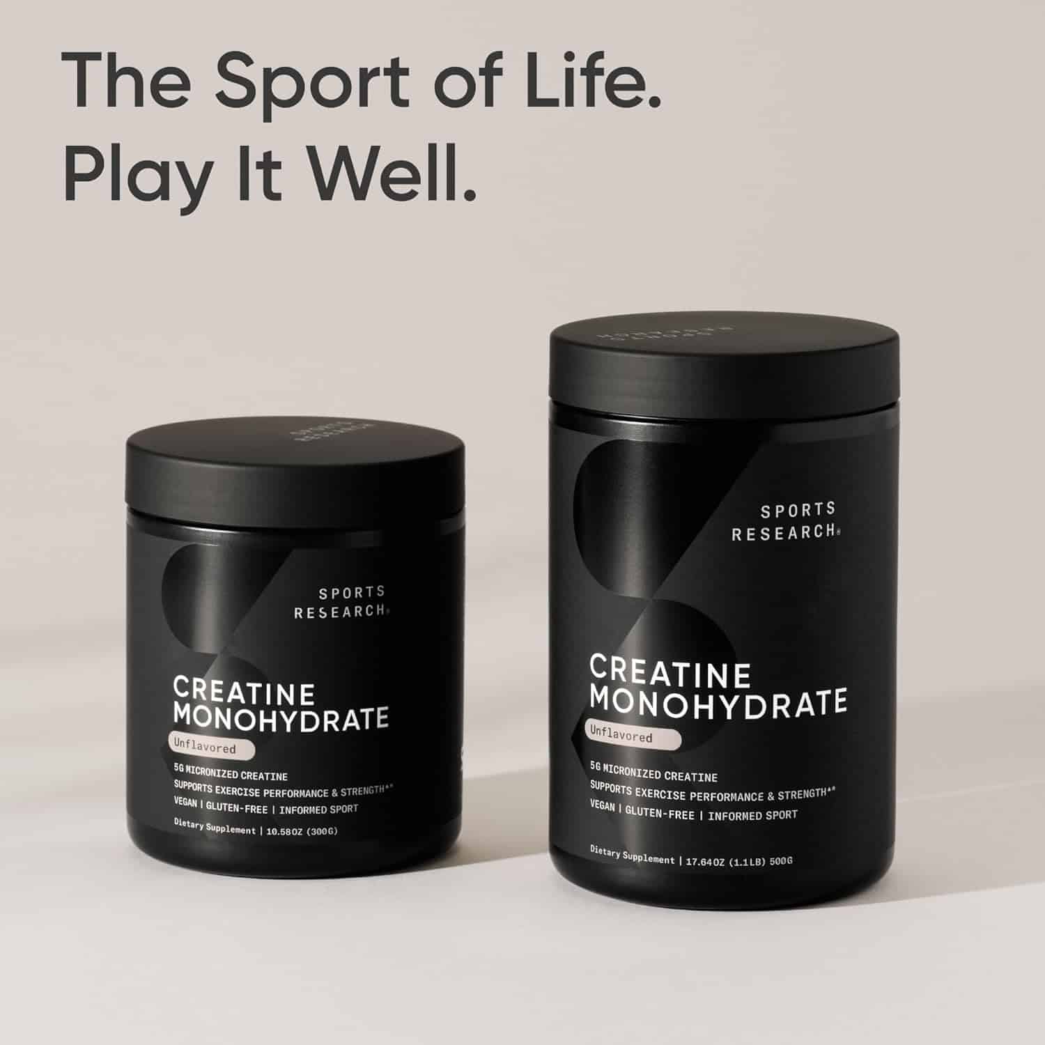 Two black containers labeled 'Creatine Monohydrate' by Sports Research on a light gray background.
