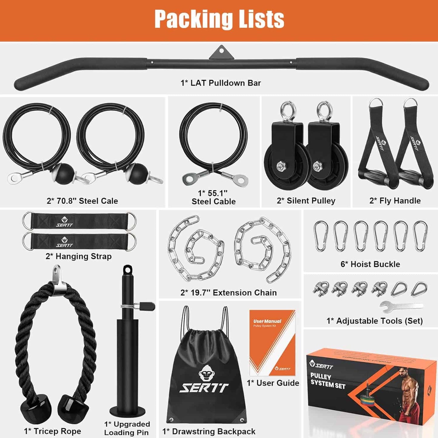 Packing list of SERT pulley system components including cables, pulleys, and accessories.