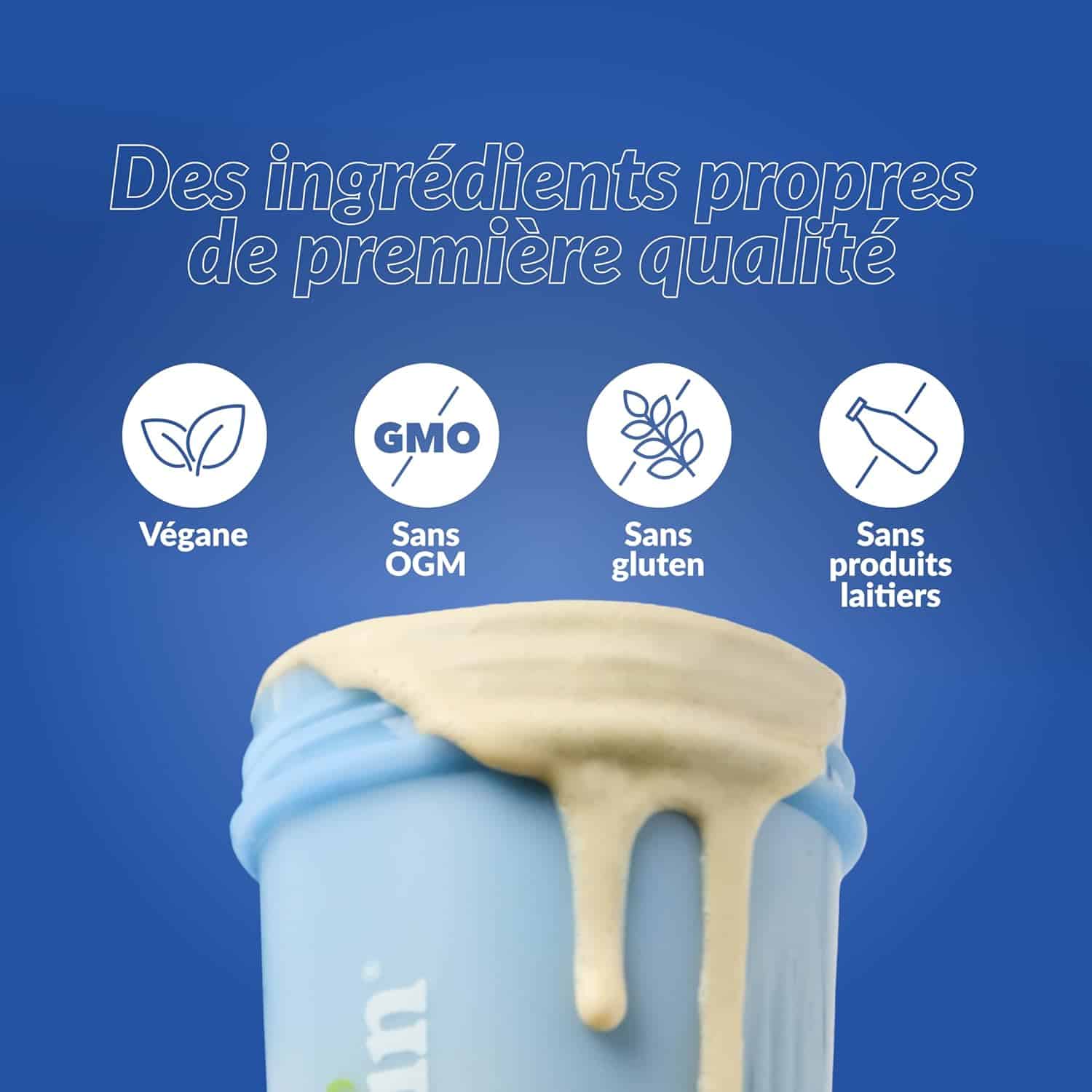 Blue container with beige substance, featuring icons and text on a blue background