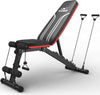Black and red adjustable weight bench with attachments on a white background