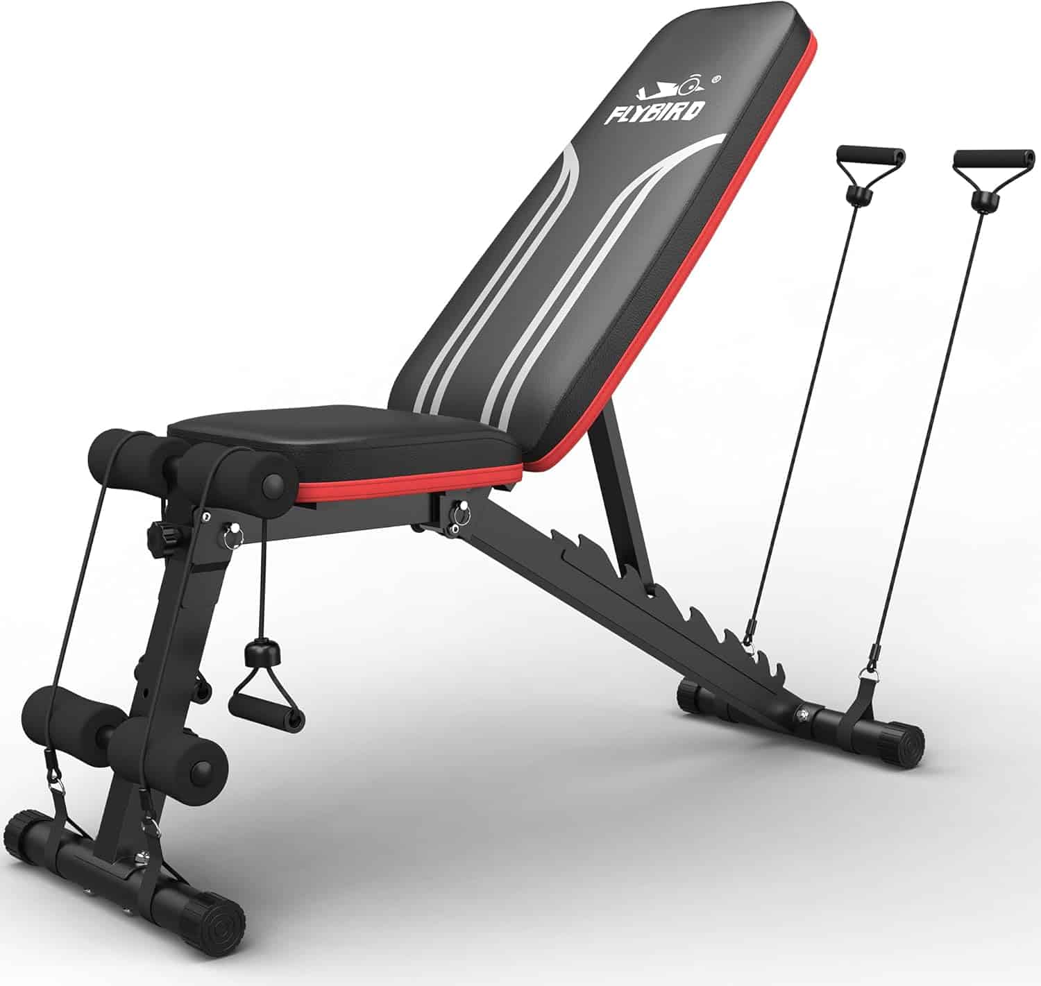 Black and red adjustable weight bench with attachments on a white background