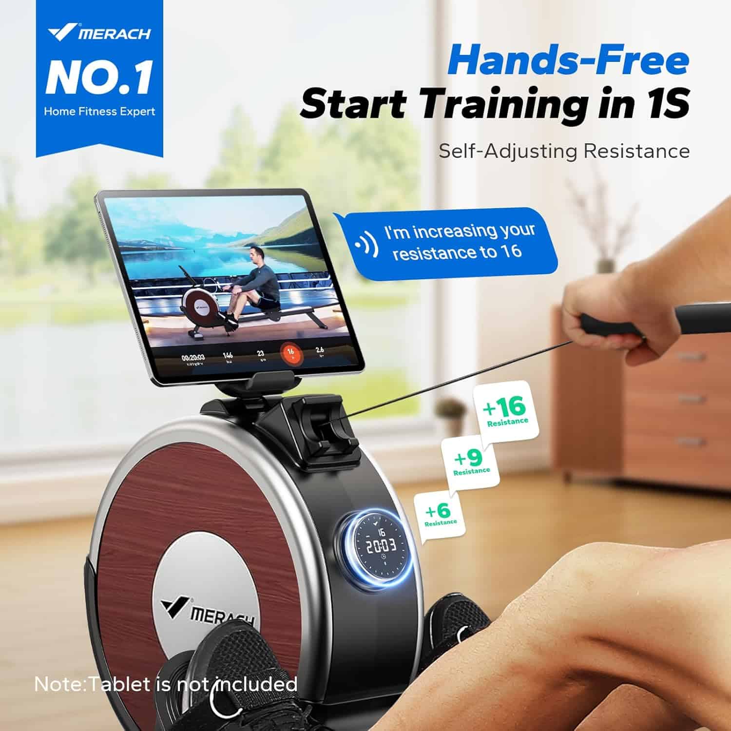 Home fitness equipment with tablet stand and resistance control, featuring Merach branding.