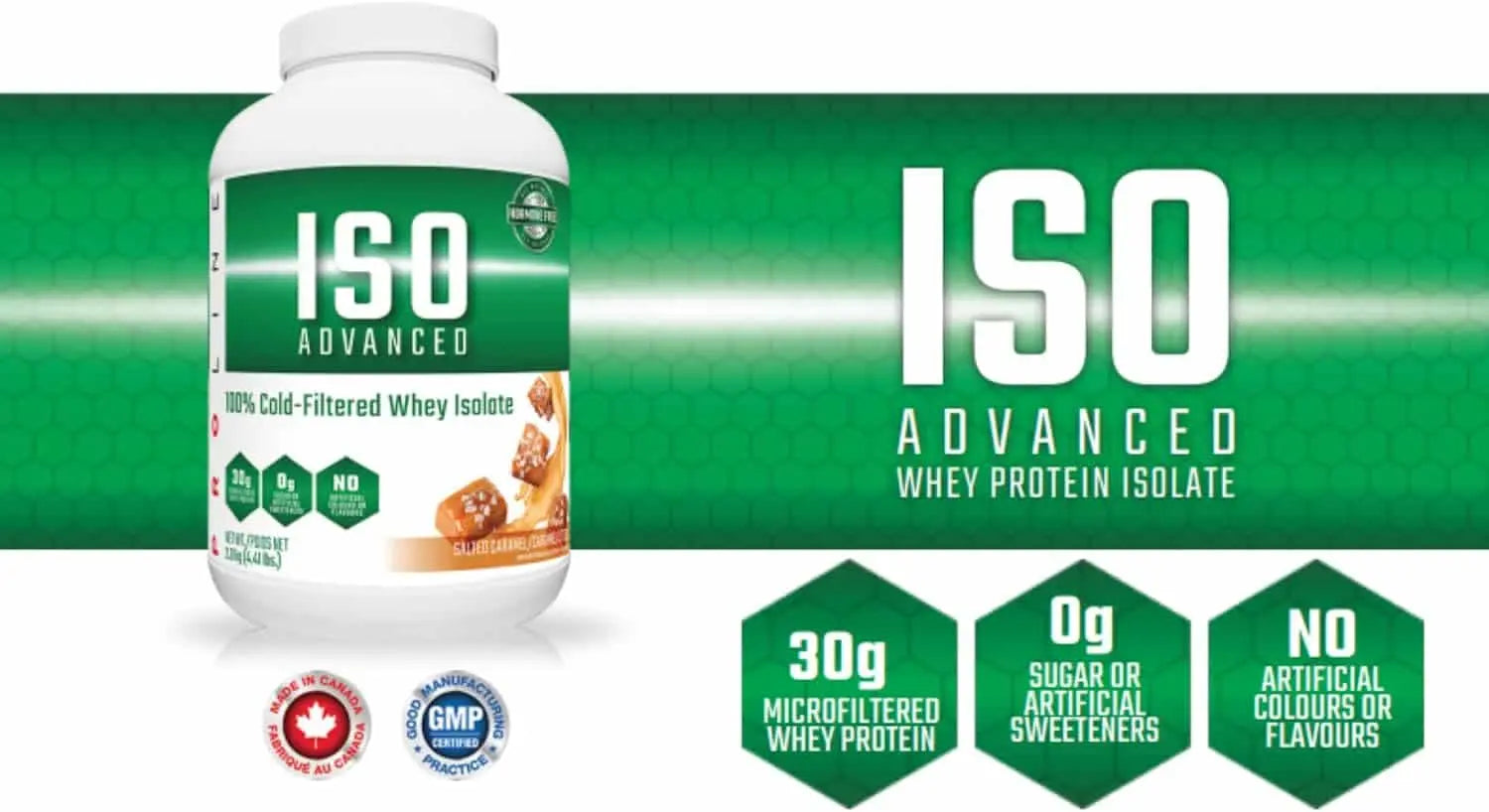 ISO Advanced whey protein isolate bottle with green background and certification logos.